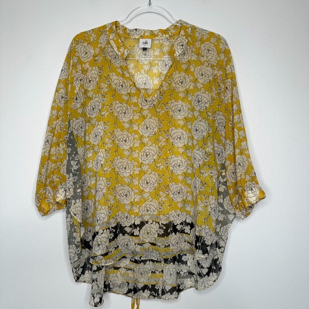 Cabi Sheer Amelia Gather Blouse Size S‎ Yellow Floral Relaxed Boho